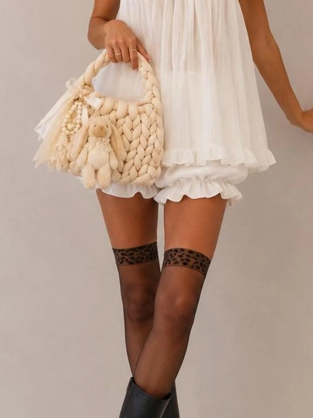 Cream Braided Knit Handbag